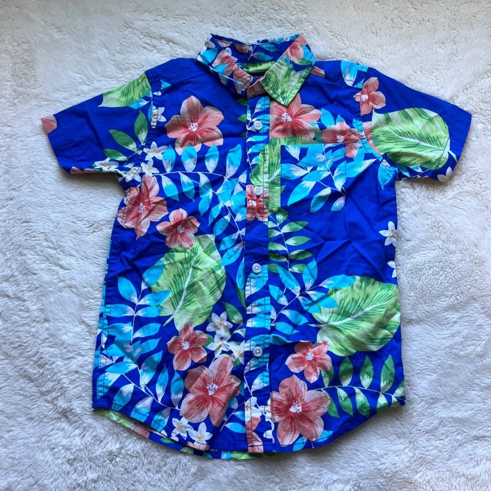 The Childrens Place‎ Boys Size 5T Blue Tropical Floral Cotton Button Down Shirt